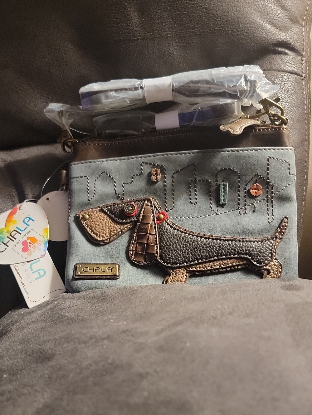 Chala Teal and Brown Dachshund Applique Crossbody Bag